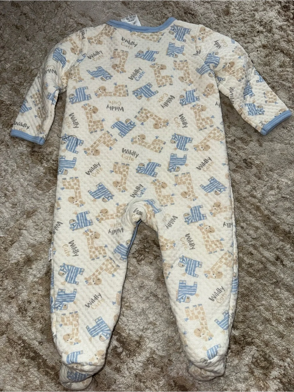 Quilted Cream and Blue Baby Footed Pajamas with Giraffe Print